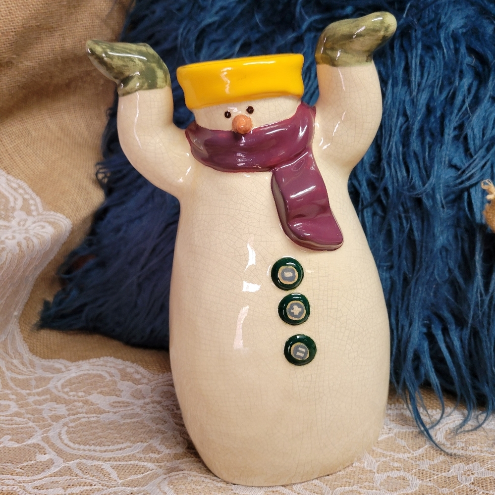 Unique Vintage ceramic snowman candle holder hand painted 6×9